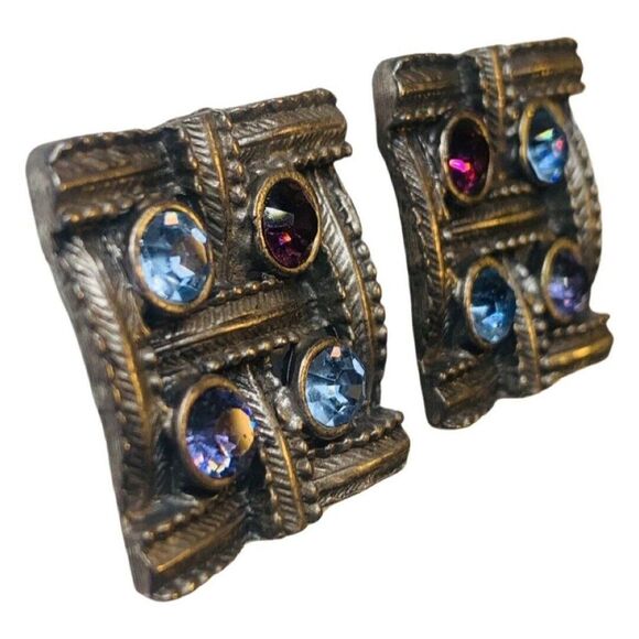 Vintage Large Square Silver Tone Purple Blue Rhinestone Pierced Button Earrings - Picture 4 of 6